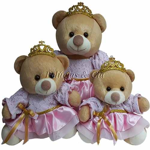 Trio p/ Nicho Ursa De Pelúcia Princesa Vestido Rosa - 15,18 e 22cm