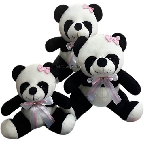 Ursa Panda de Pelúcia Laço Rosa Sentada - Trio Para Nicho 18,22 e 26cm